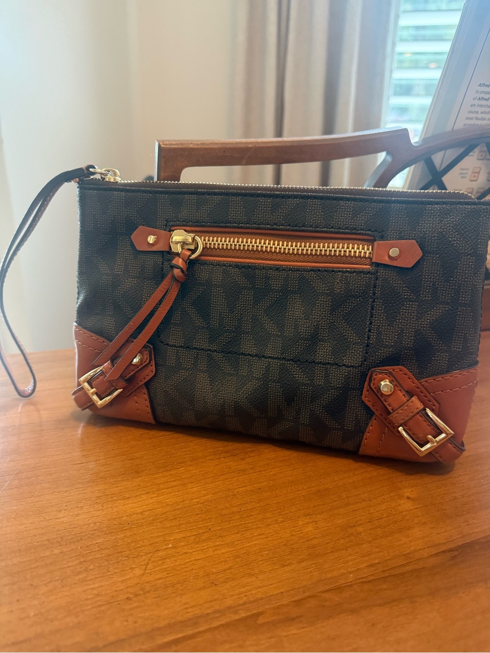 Michael Kors Fallon Brown MK Logo Wristlet with chestnut leather Trim